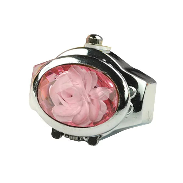 bague montre à clapet vintage femme acier rose fleur
