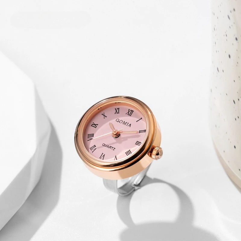 bague montre femme moderne ajustable chiffres romains or rose cadran rose