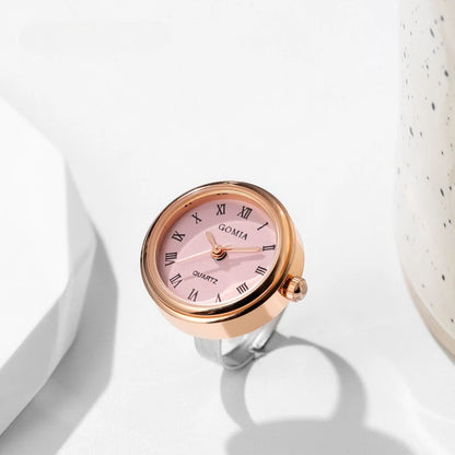 bague montre femme moderne ajustable chiffres romains or rose cadran rose