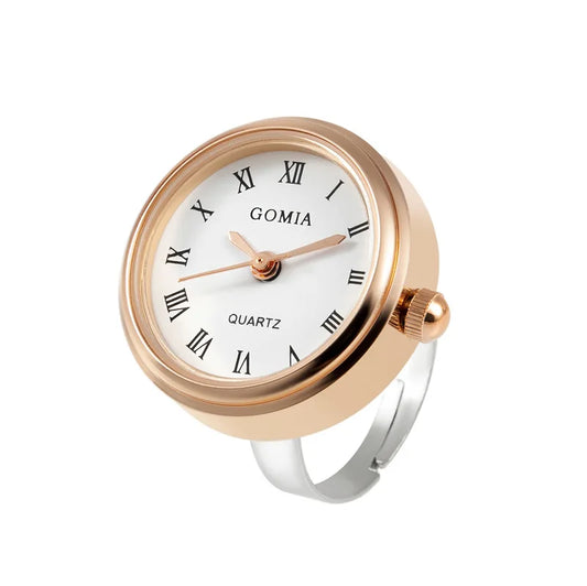 bague montre femme moderne ajustable chiffres romains or rose